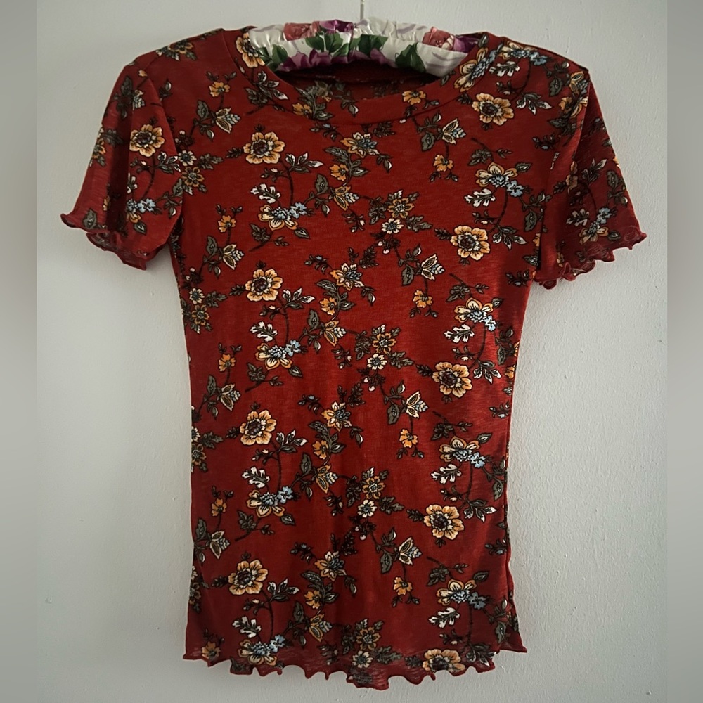 Orange Floral Translucent Stretch Tee Sz S